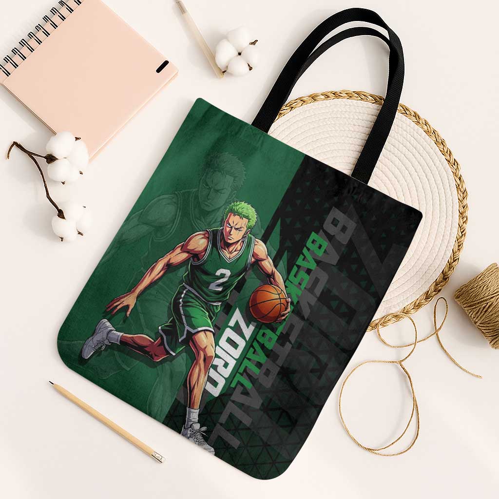 Zoro One Piece Basketball Theme Green and Black Design Tote Bag with Swordsman Logo and Action Dribble Pose - The Mazicc