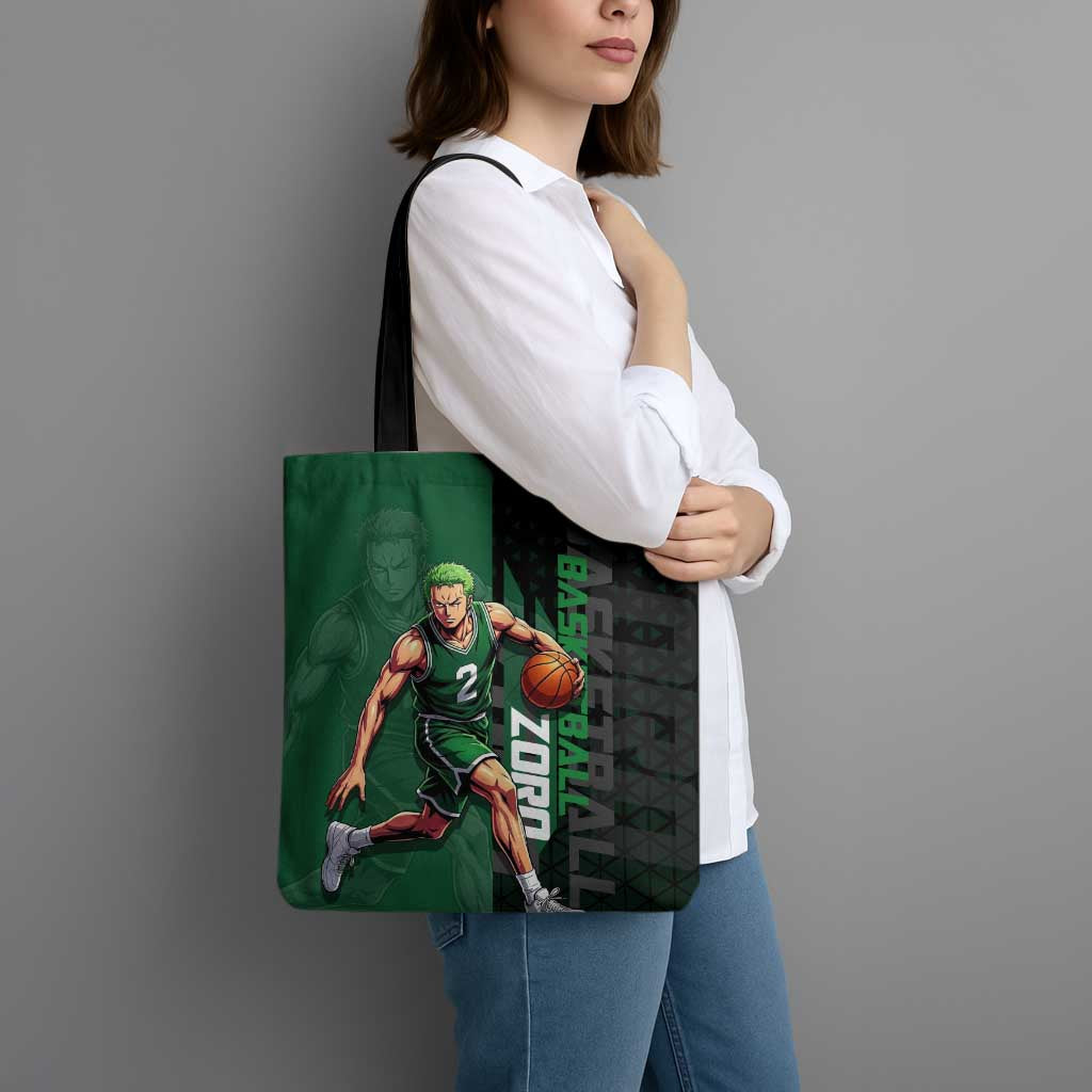 Zoro One Piece Basketball Theme Green and Black Design Tote Bag with Swordsman Logo and Action Dribble Pose - The Mazicc