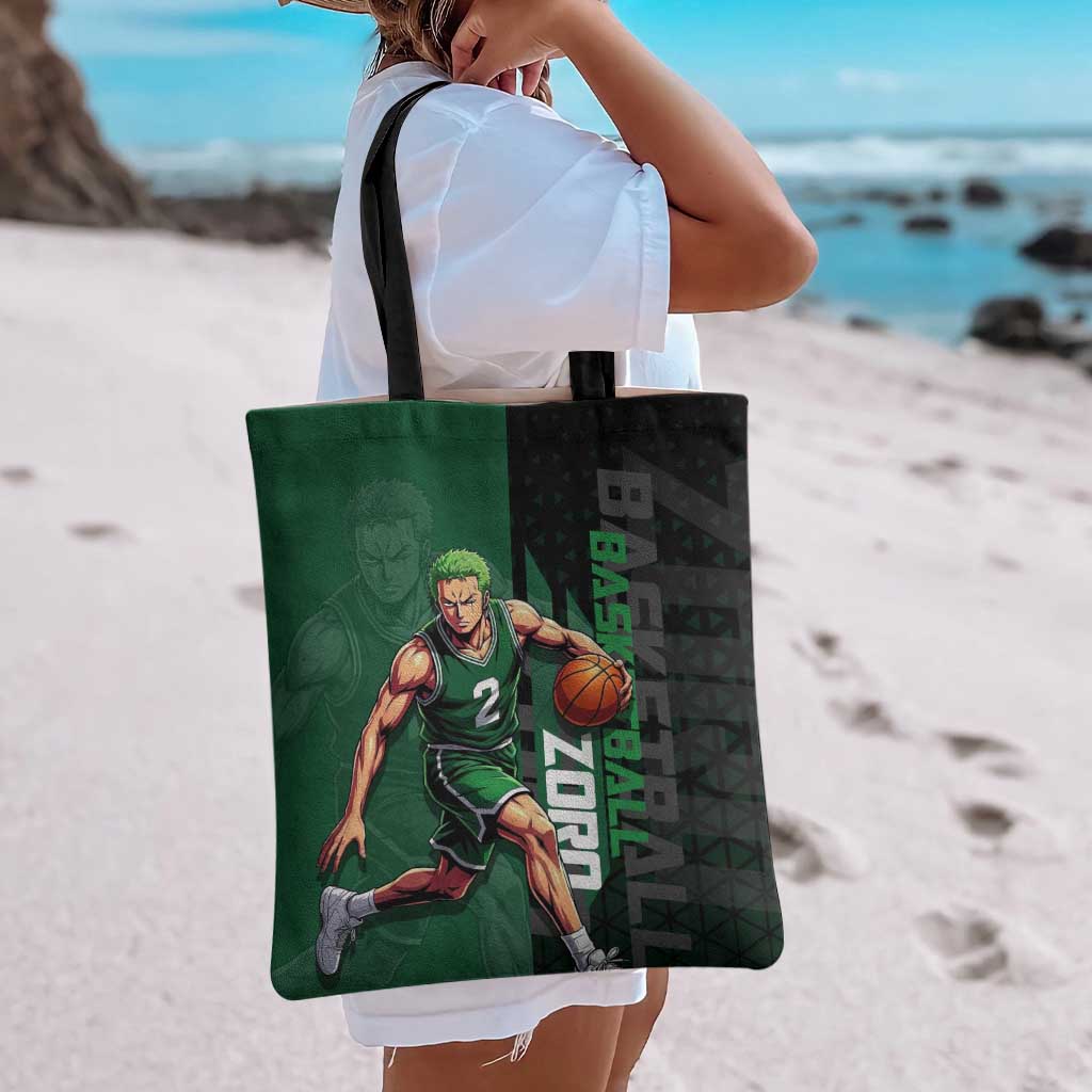 Zoro One Piece Basketball Theme Green and Black Design Tote Bag with Swordsman Logo and Action Dribble Pose - The Mazicc