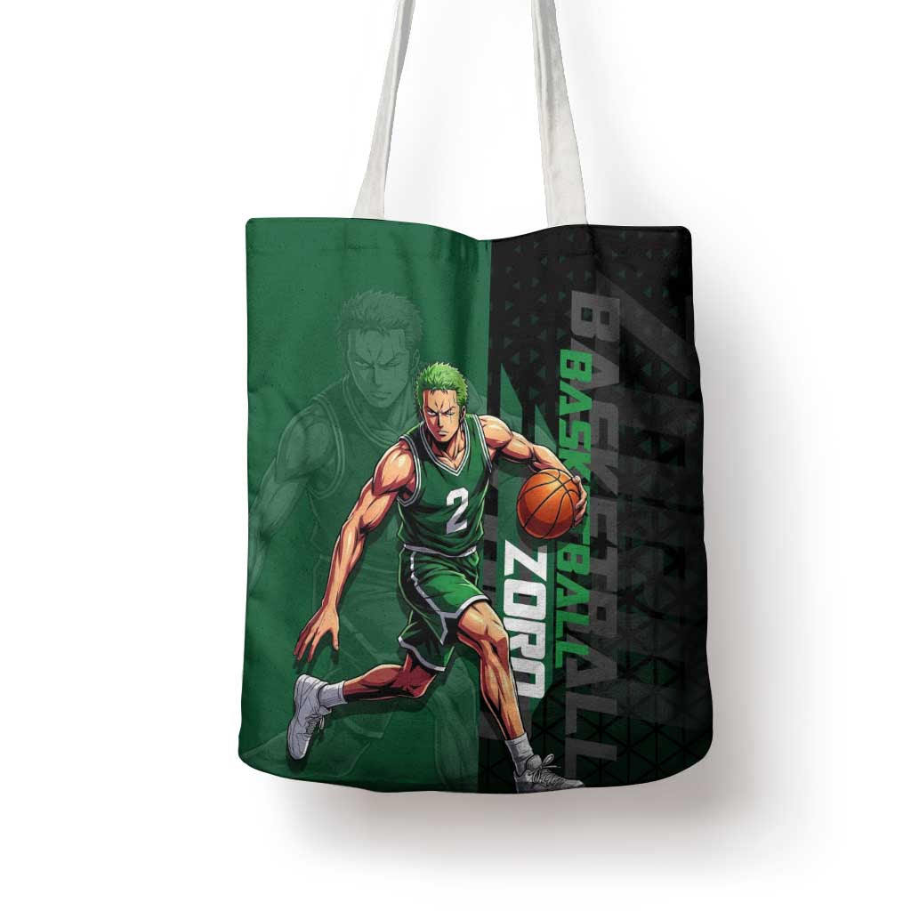 Zoro One Piece Basketball Theme Green and Black Design Tote Bag with Swordsman Logo and Action Dribble Pose - The Mazicc