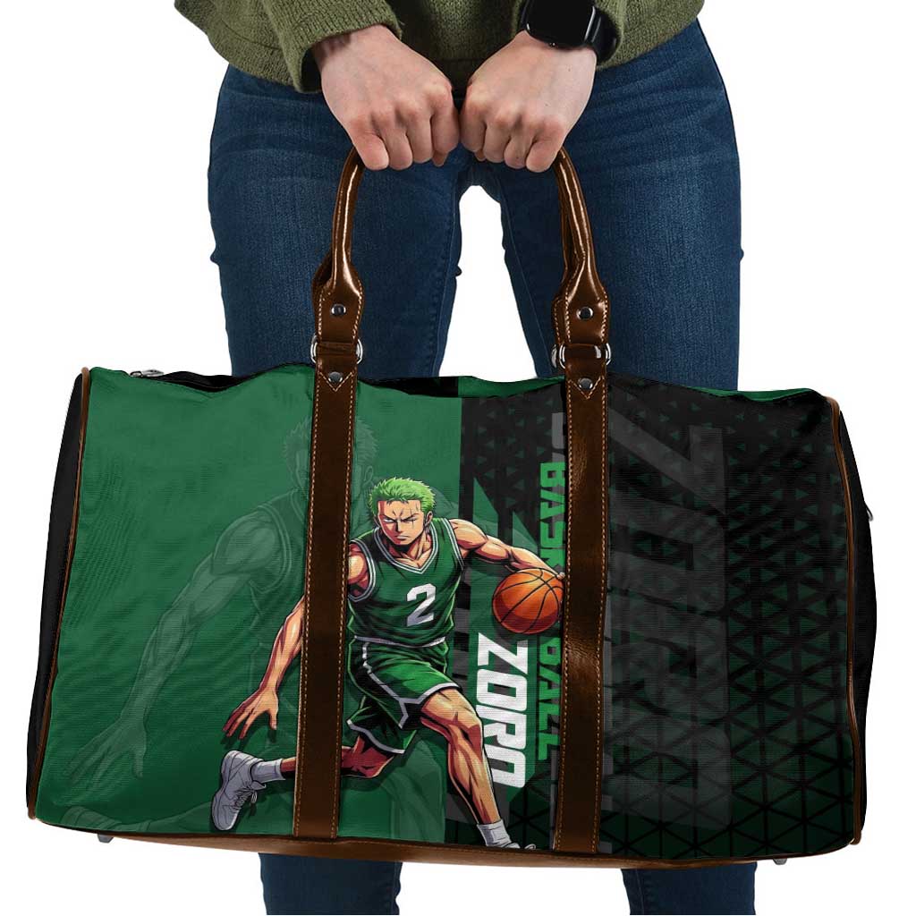 Zoro One Piece Basketball Theme Green and Black Design Travel Bag with Swordsman Logo and Action Dribble Pose - The Mazicc