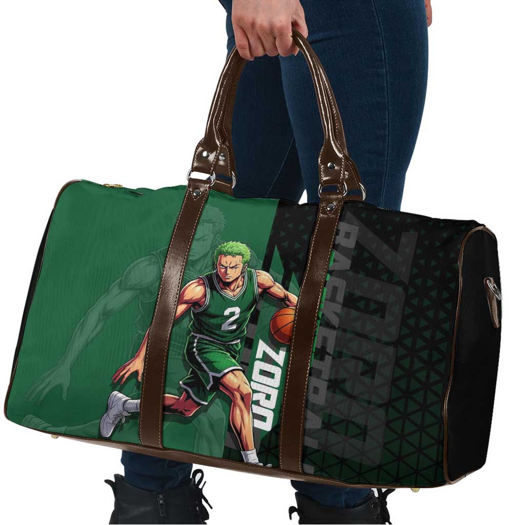 Zoro One Piece Basketball Theme Green and Black Design Travel Bag with Swordsman Logo and Action Dribble Pose - The Mazicc