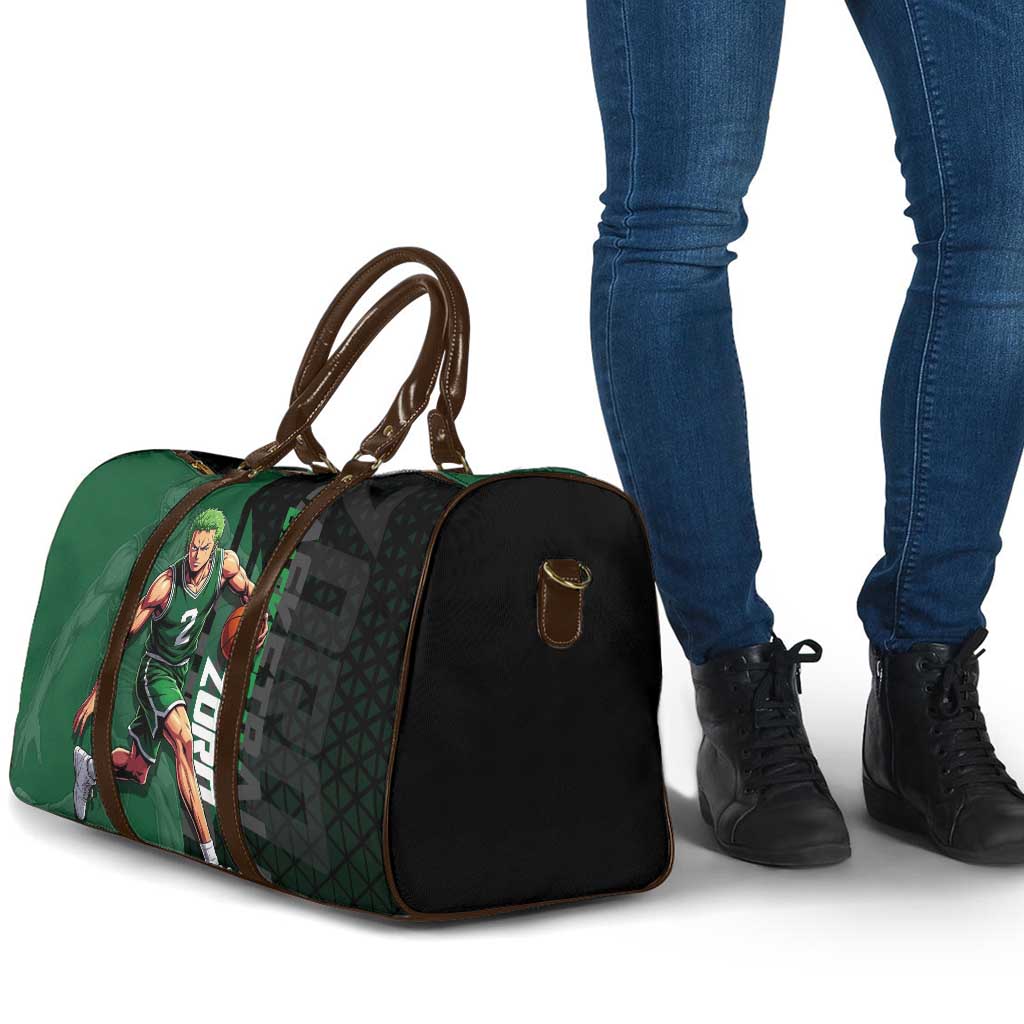 Zoro One Piece Basketball Theme Green and Black Design Travel Bag with Swordsman Logo and Action Dribble Pose - The Mazicc