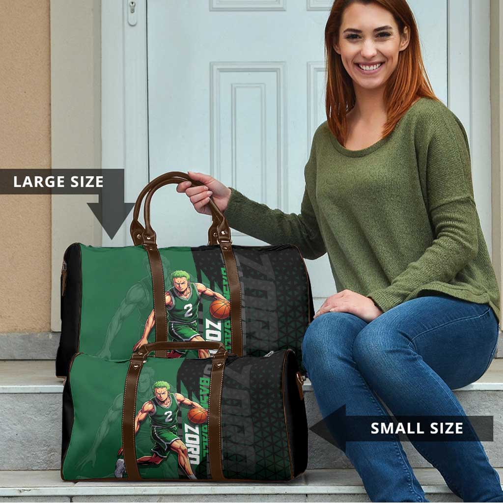 Zoro One Piece Basketball Theme Green and Black Design Travel Bag with Swordsman Logo and Action Dribble Pose - The Mazicc