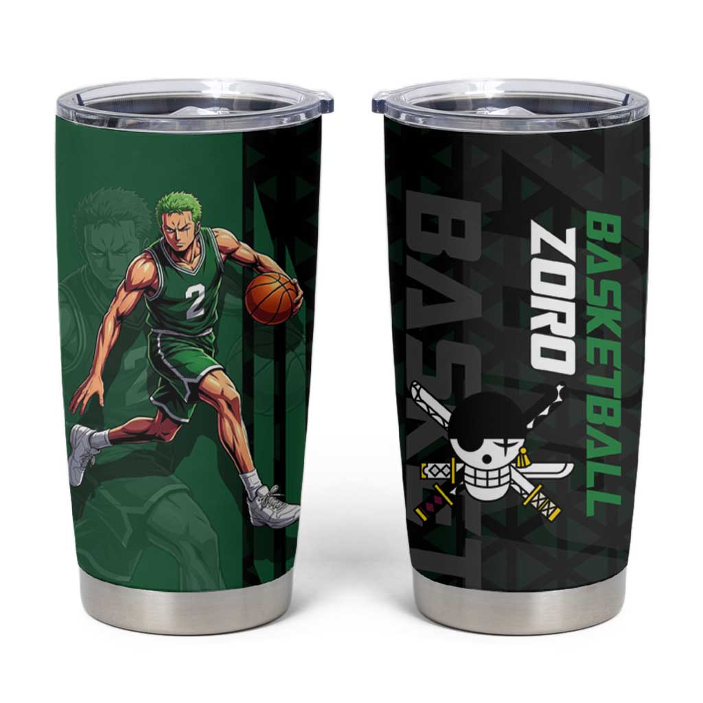 Zoro One Piece Basketball Theme Green and Black Design Tumbler Cup with Swordsman Logo and Action Dribble Pose - The Mazicc