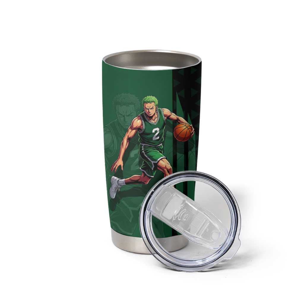 Zoro One Piece Basketball Theme Green and Black Design Tumbler Cup with Swordsman Logo and Action Dribble Pose - The Mazicc