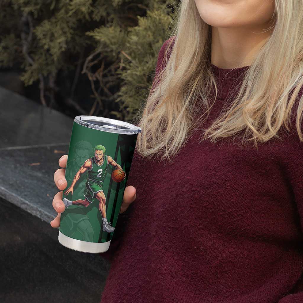Zoro One Piece Basketball Theme Green and Black Design Tumbler Cup with Swordsman Logo and Action Dribble Pose - The Mazicc