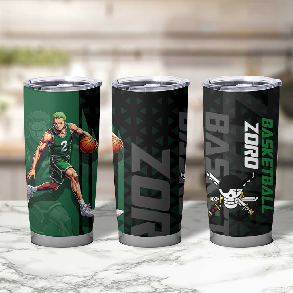 Zoro One Piece Basketball Theme Green and Black Design Tumbler Cup with Swordsman Logo and Action Dribble Pose - The Mazicc