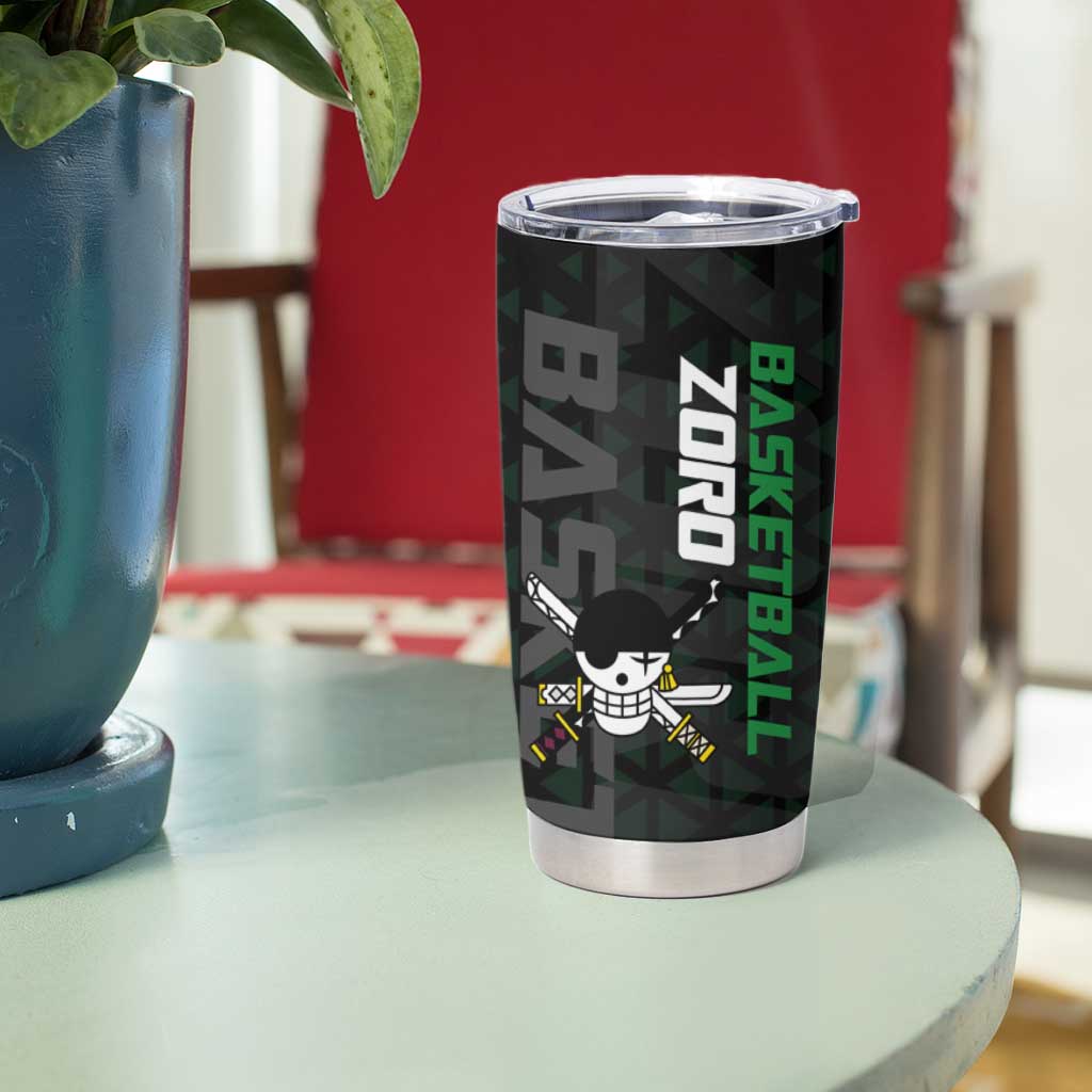 Zoro One Piece Basketball Theme Green and Black Design Tumbler Cup with Swordsman Logo and Action Dribble Pose - The Mazicc