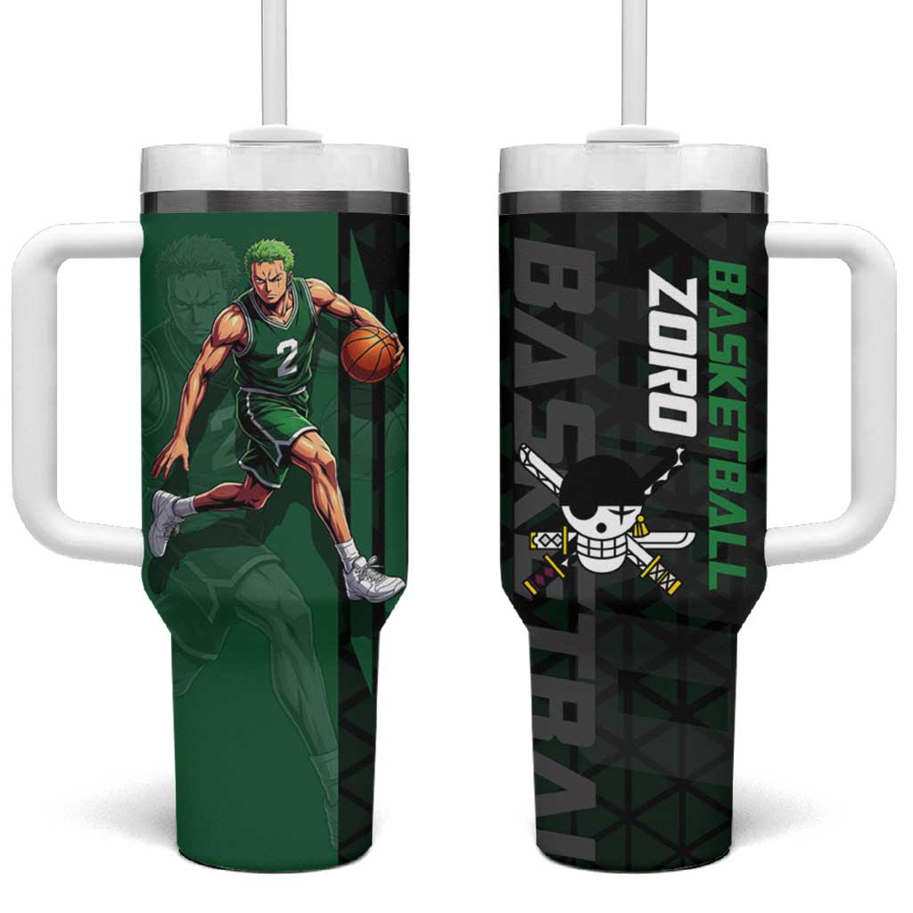 Zoro One Piece Basketball Theme Green and Black Design Tumbler With Handle with Swordsman Logo and Action Dribble Pose - The Mazicc