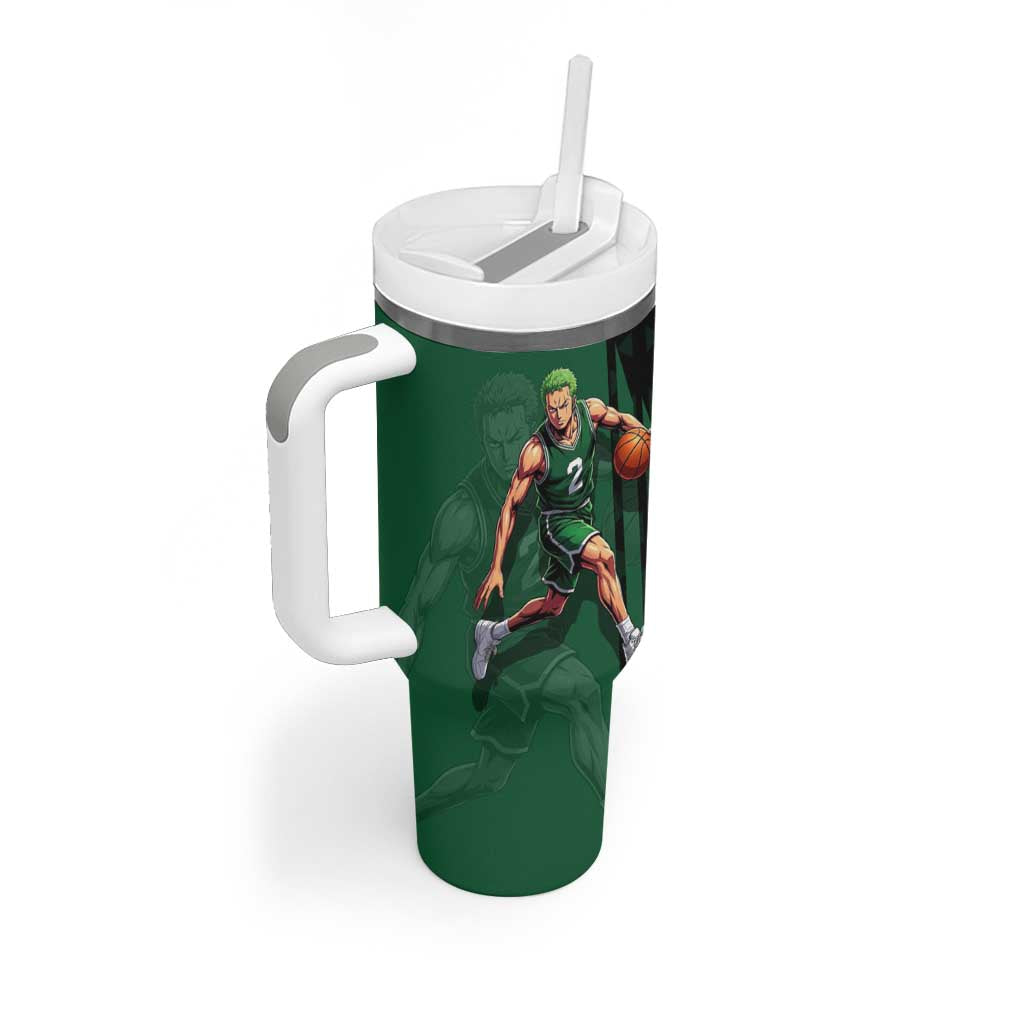 Zoro One Piece Basketball Theme Green and Black Design Tumbler With Handle with Swordsman Logo and Action Dribble Pose - The Mazicc
