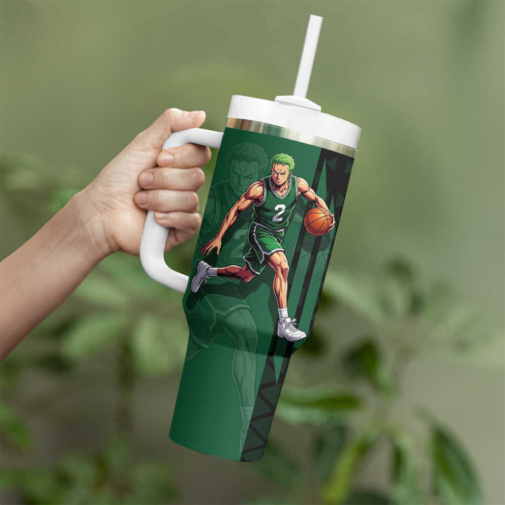 Zoro One Piece Basketball Theme Green and Black Design Tumbler With Handle with Swordsman Logo and Action Dribble Pose - The Mazicc