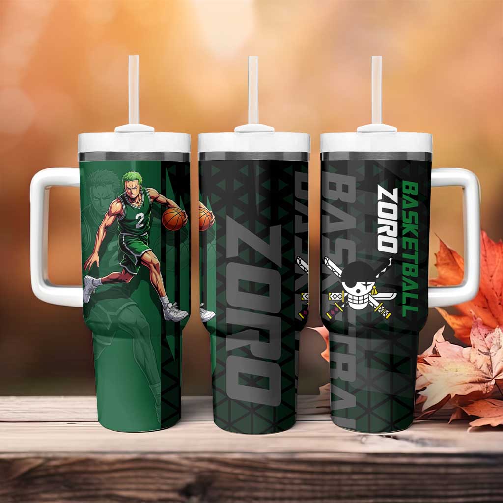 Zoro One Piece Basketball Theme Green and Black Design Tumbler With Handle with Swordsman Logo and Action Dribble Pose - The Mazicc