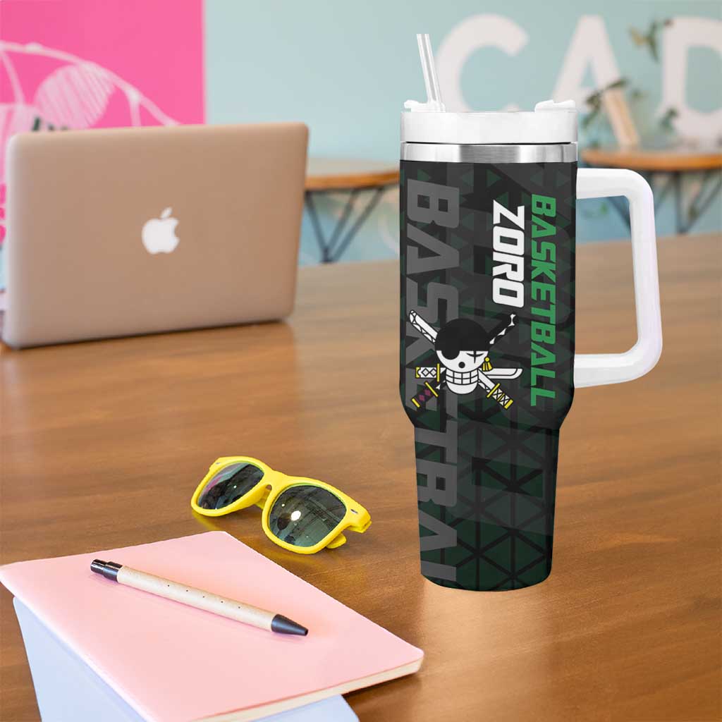 Zoro One Piece Basketball Theme Green and Black Design Tumbler With Handle with Swordsman Logo and Action Dribble Pose - The Mazicc