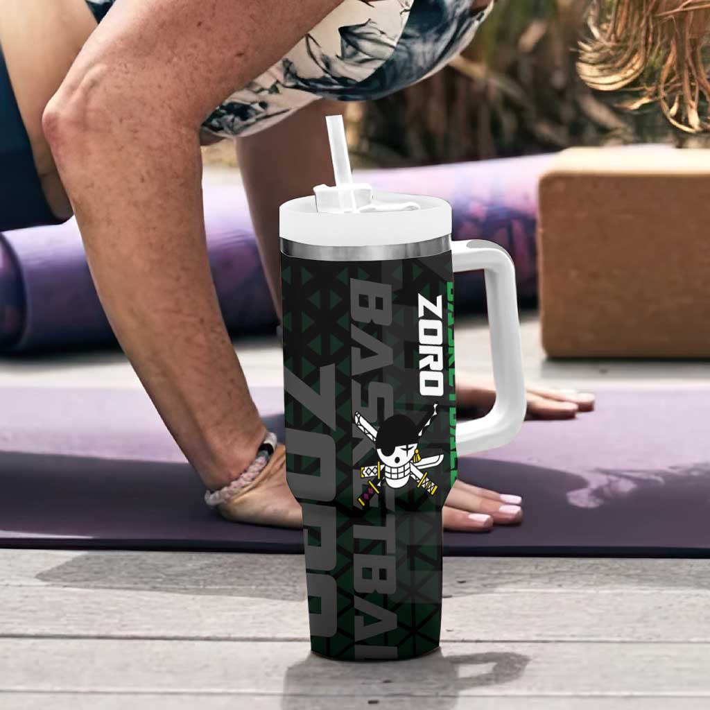 Zoro One Piece Basketball Theme Green and Black Design Tumbler With Handle with Swordsman Logo and Action Dribble Pose - The Mazicc