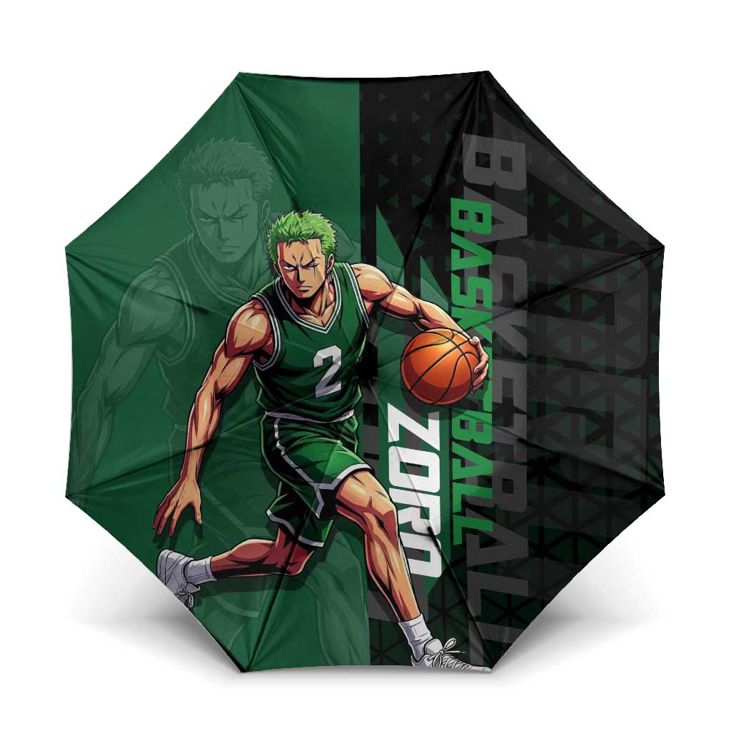 Zoro One Piece Basketball Theme Green and Black Design Umbrella with Swordsman Logo and Action Dribble Pose - The Mazicc
