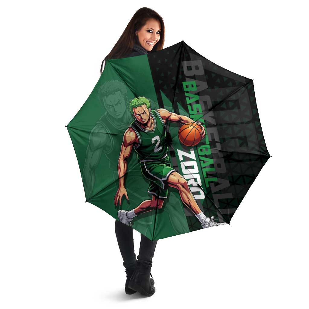 Zoro One Piece Basketball Theme Green and Black Design Umbrella with Swordsman Logo and Action Dribble Pose - The Mazicc