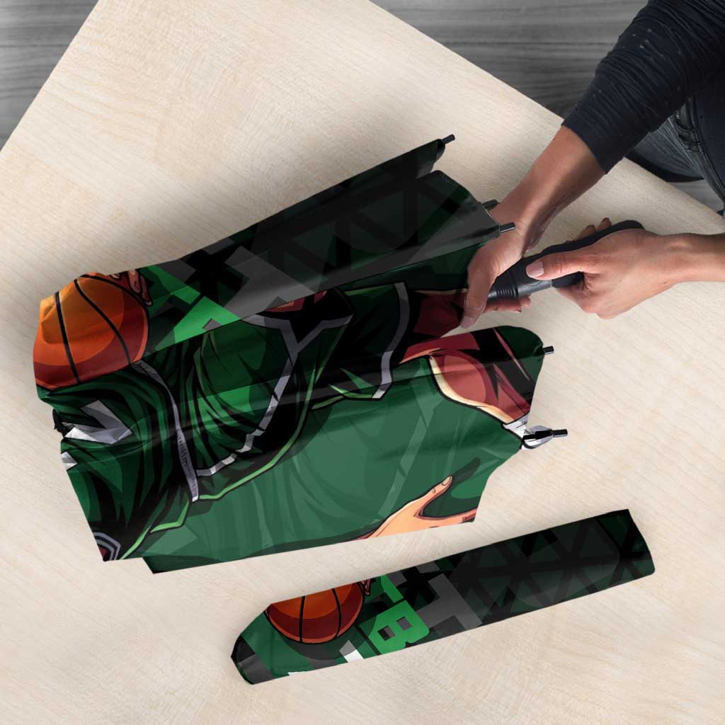 Zoro One Piece Basketball Theme Green and Black Design Umbrella with Swordsman Logo and Action Dribble Pose - The Mazicc