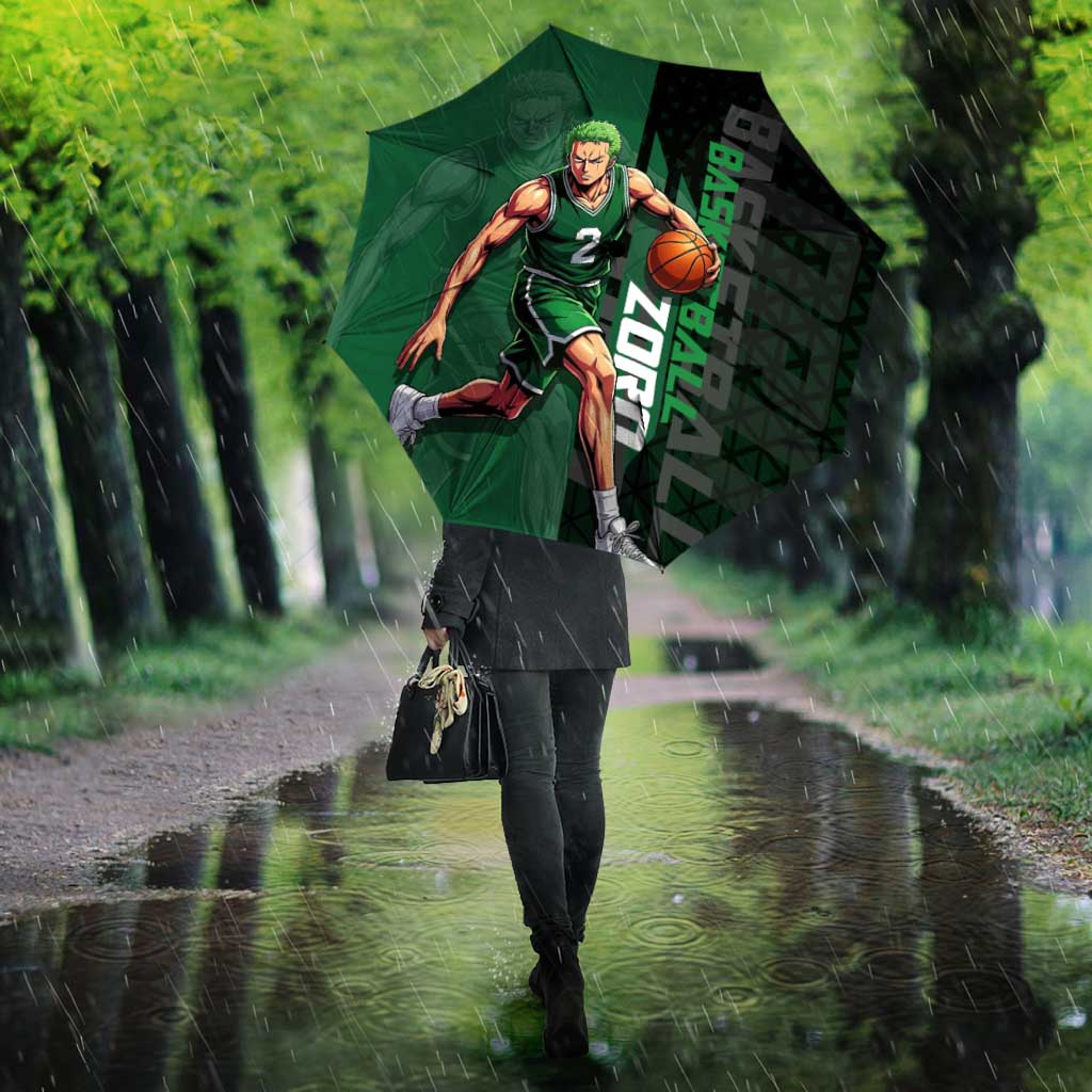 Zoro One Piece Basketball Theme Green and Black Design Umbrella with Swordsman Logo and Action Dribble Pose - The Mazicc