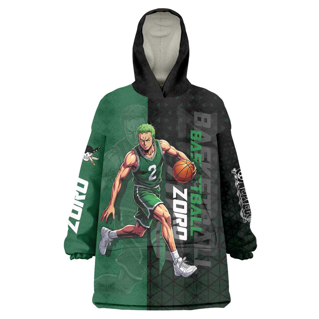 Zoro One Piece Basketball Theme Green and Black Design Wearable Blanket Hoodie with Swordsman Logo and Action Dribble Pose - The Mazicc
