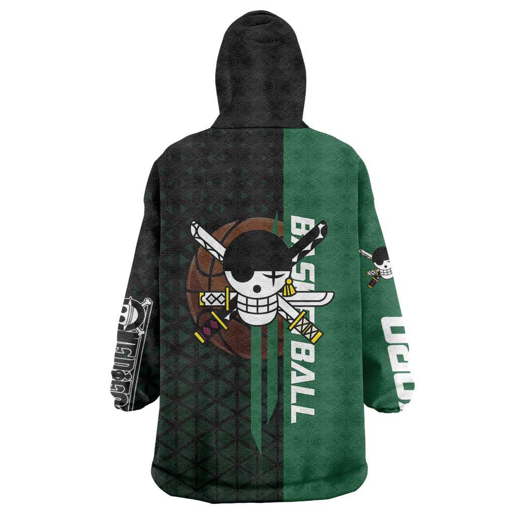 Zoro One Piece Basketball Theme Green and Black Design Wearable Blanket Hoodie with Swordsman Logo and Action Dribble Pose - The Mazicc