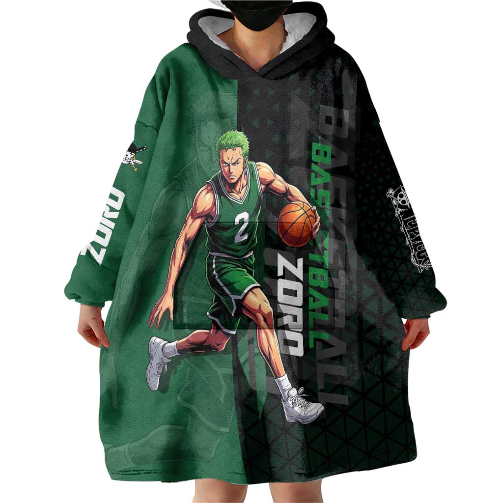 Zoro One Piece Basketball Theme Green and Black Design Wearable Blanket Hoodie with Swordsman Logo and Action Dribble Pose - The Mazicc