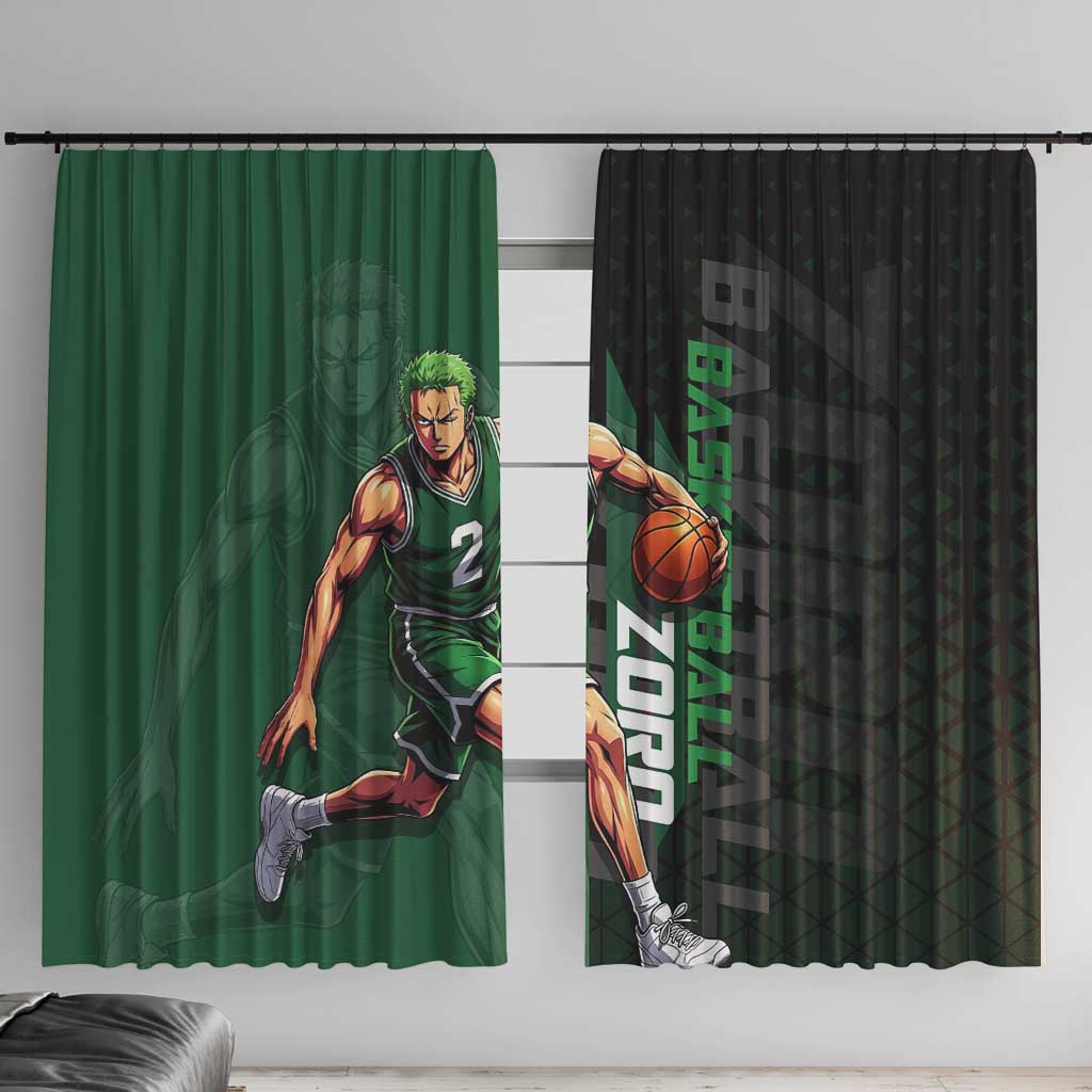 Zoro One Piece Basketball Theme Green and Black Design Window Curtain with Swordsman Logo and Action Dribble Pose - The Mazicc