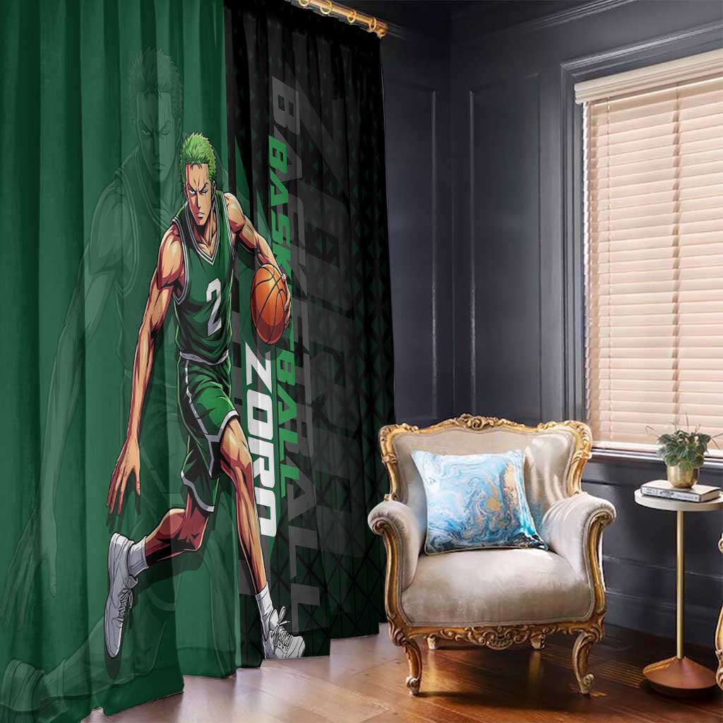 Zoro One Piece Basketball Theme Green and Black Design Window Curtain with Swordsman Logo and Action Dribble Pose - The Mazicc