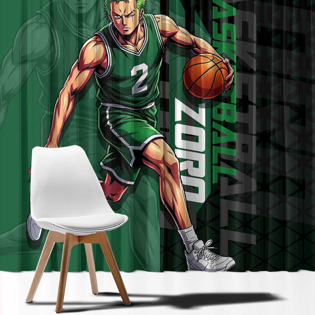 Zoro One Piece Basketball Theme Green and Black Design Window Curtain with Swordsman Logo and Action Dribble Pose - The Mazicc