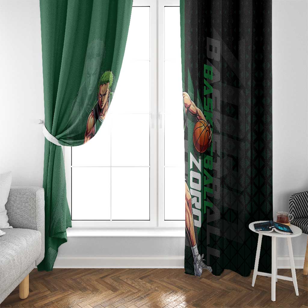 Zoro One Piece Basketball Theme Green and Black Design Window Curtain with Swordsman Logo and Action Dribble Pose - The Mazicc