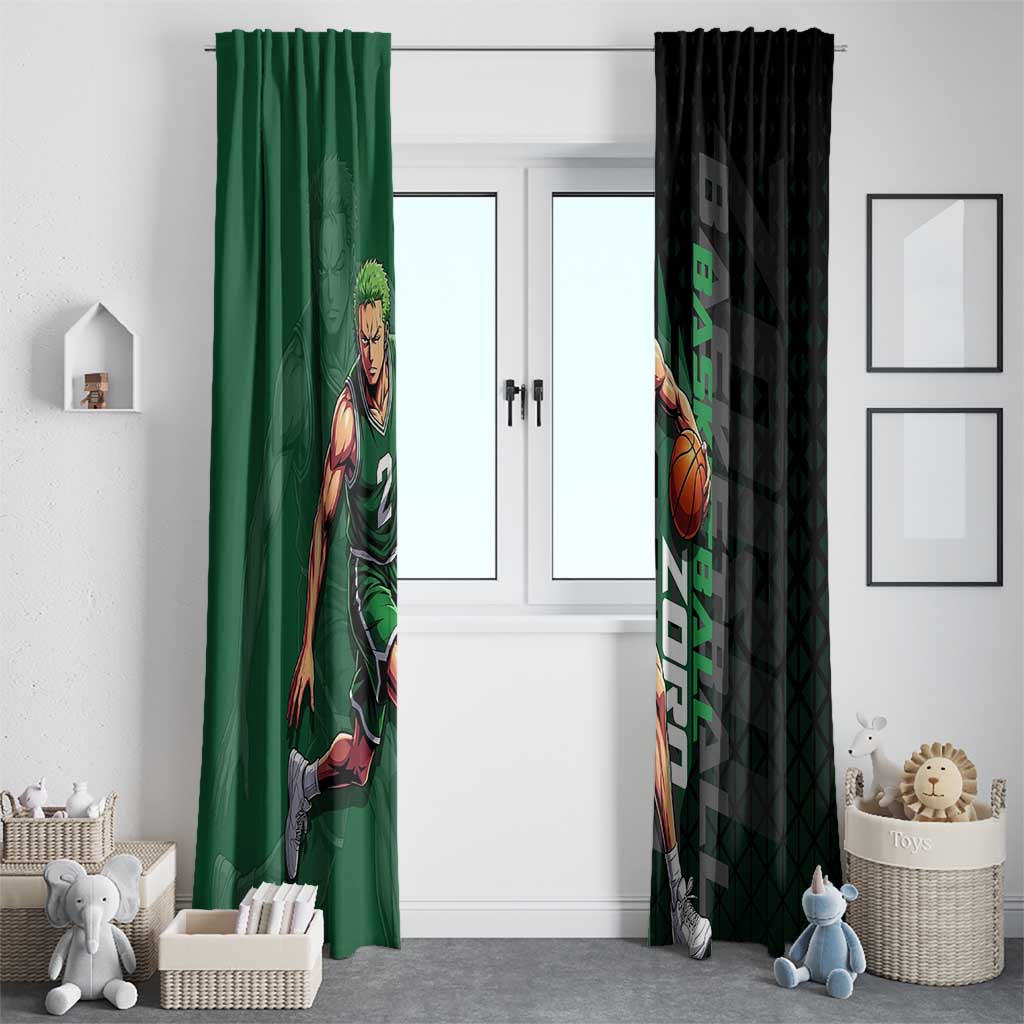 Zoro One Piece Basketball Theme Green and Black Design Window Curtain with Swordsman Logo and Action Dribble Pose - The Mazicc