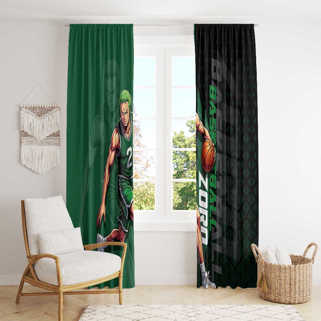 Zoro One Piece Basketball Theme Green and Black Design Window Curtain with Swordsman Logo and Action Dribble Pose - The Mazicc