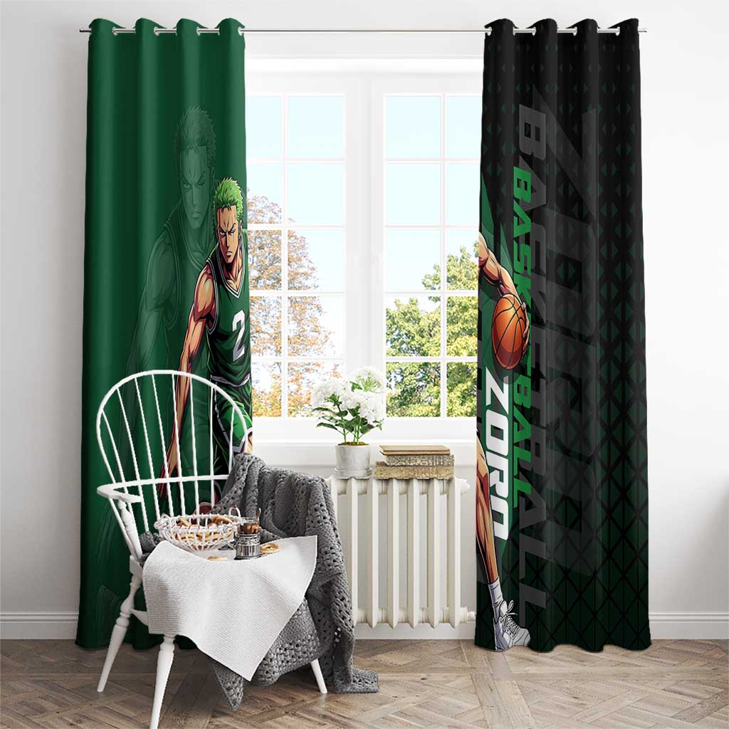 Zoro One Piece Basketball Theme Green and Black Design Window Curtain with Swordsman Logo and Action Dribble Pose - The Mazicc