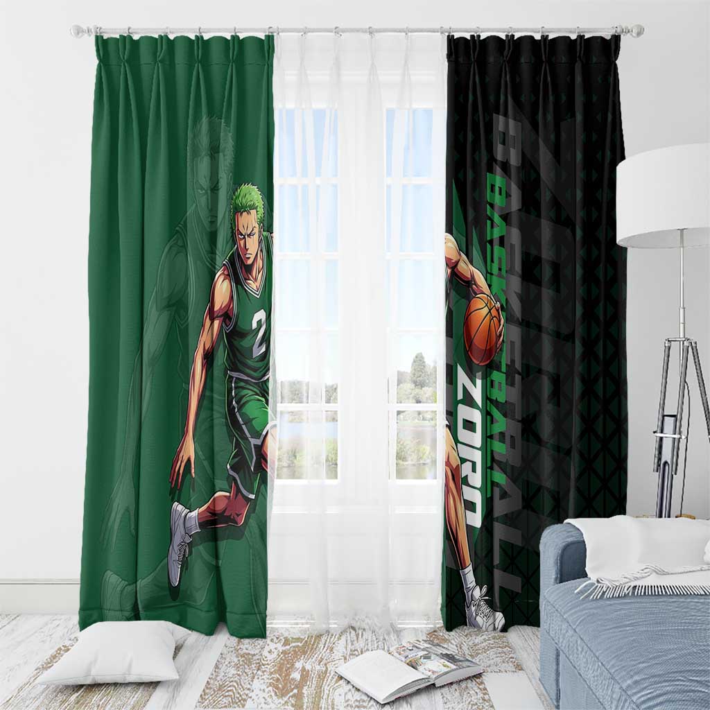 Zoro One Piece Basketball Theme Green and Black Design Window Curtain with Swordsman Logo and Action Dribble Pose - The Mazicc