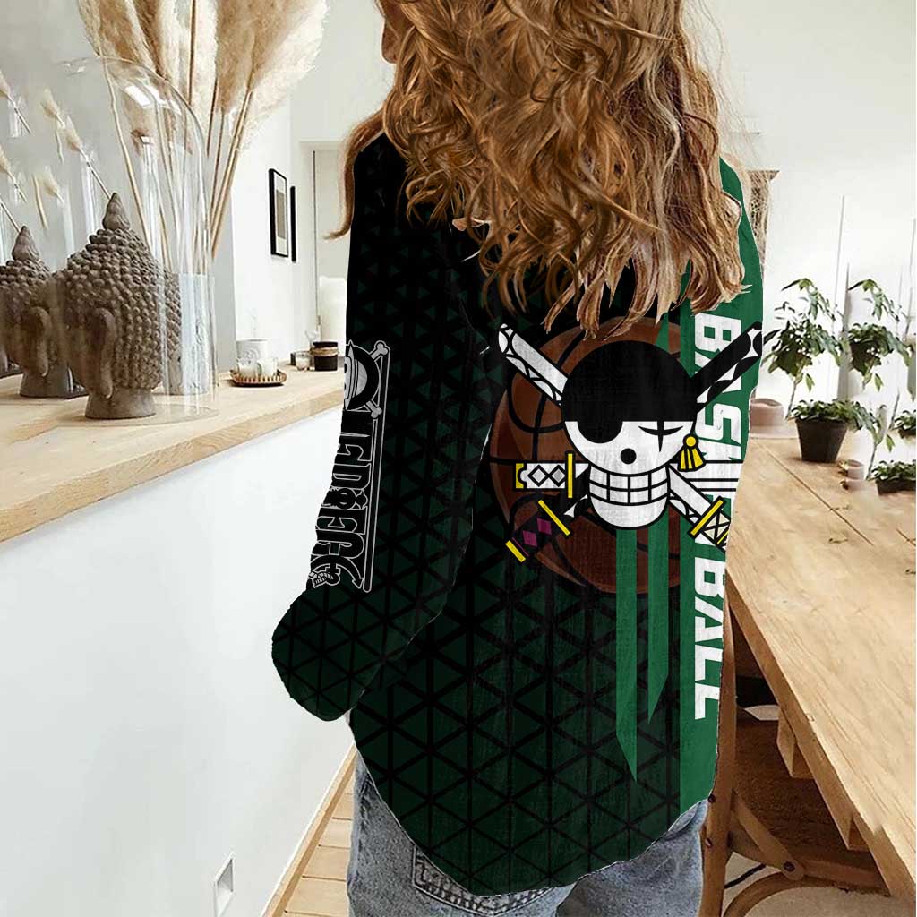 Zoro One Piece Basketball Theme Green and Black Design Women Casual Shirt with Swordsman Logo and Action Dribble Pose - The Mazicc