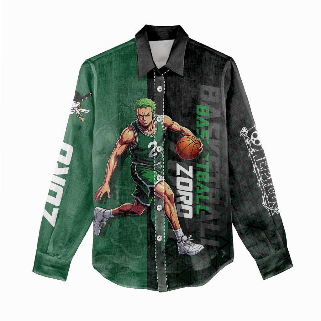 Zoro One Piece Basketball Theme Green and Black Design Women Casual Shirt with Swordsman Logo and Action Dribble Pose - The Mazicc
