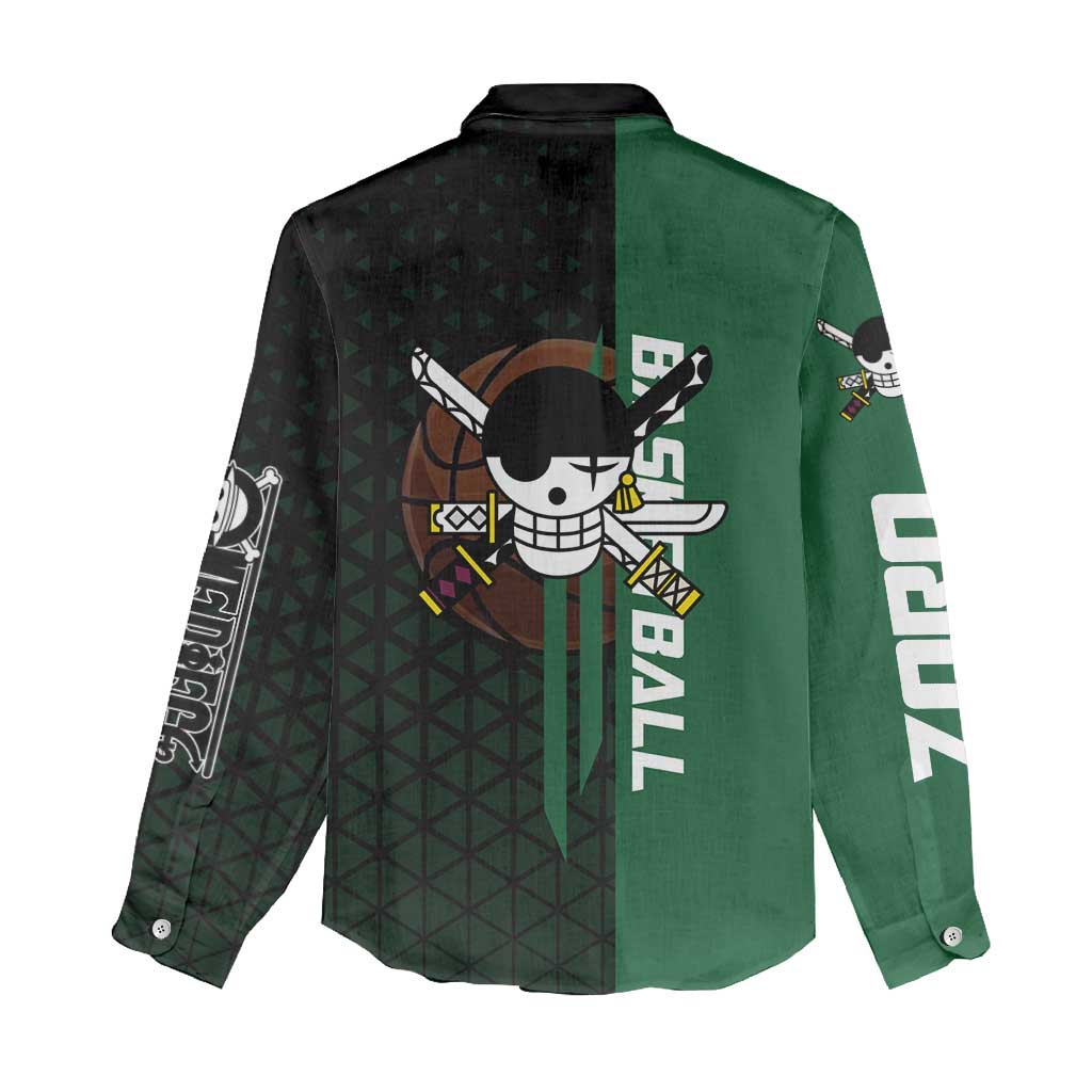 Zoro One Piece Basketball Theme Green and Black Design Women Casual Shirt with Swordsman Logo and Action Dribble Pose - The Mazicc