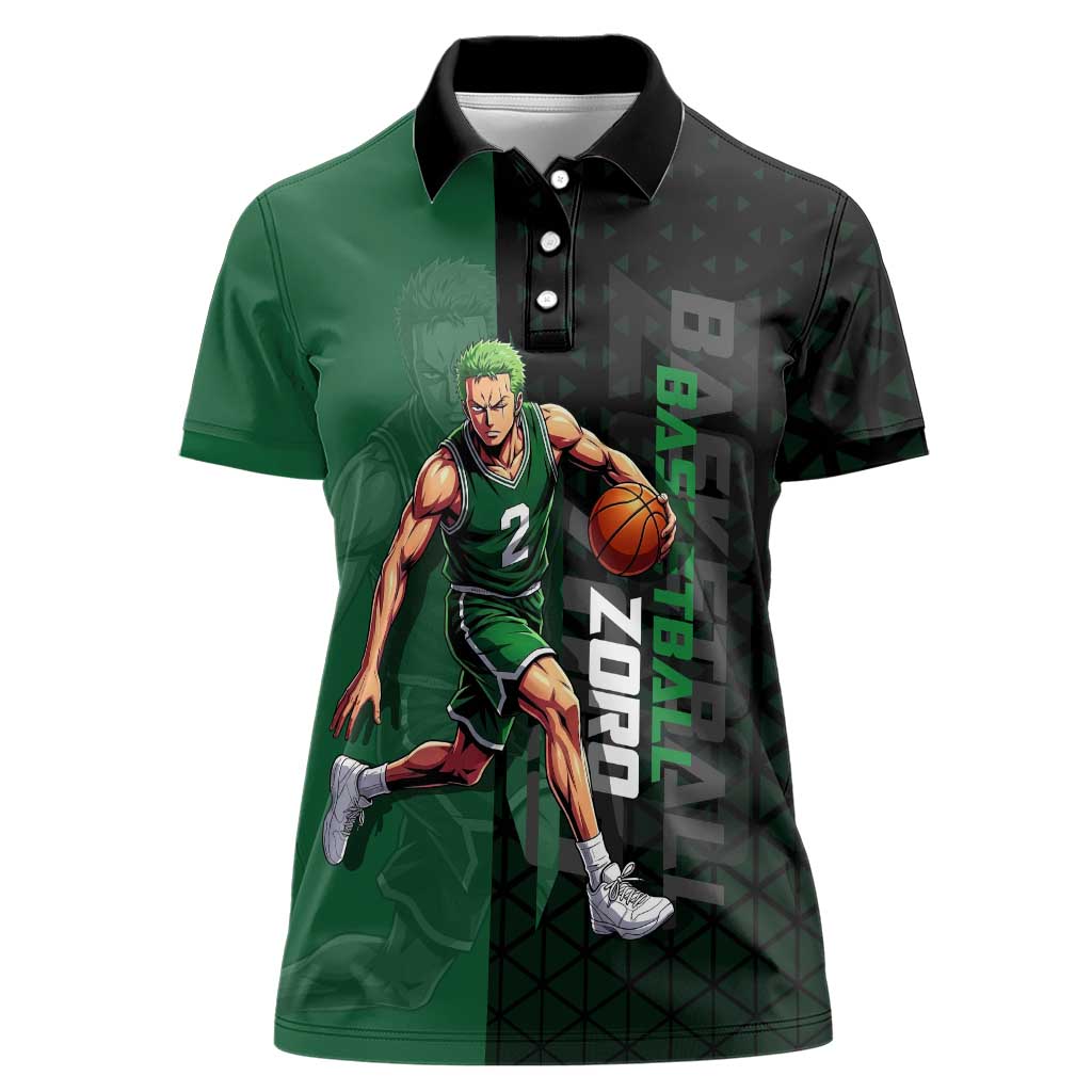 Zoro One Piece Basketball Theme Green and Black Design Women Polo Shirt with Swordsman Logo and Action Dribble Pose - The Mazicc
