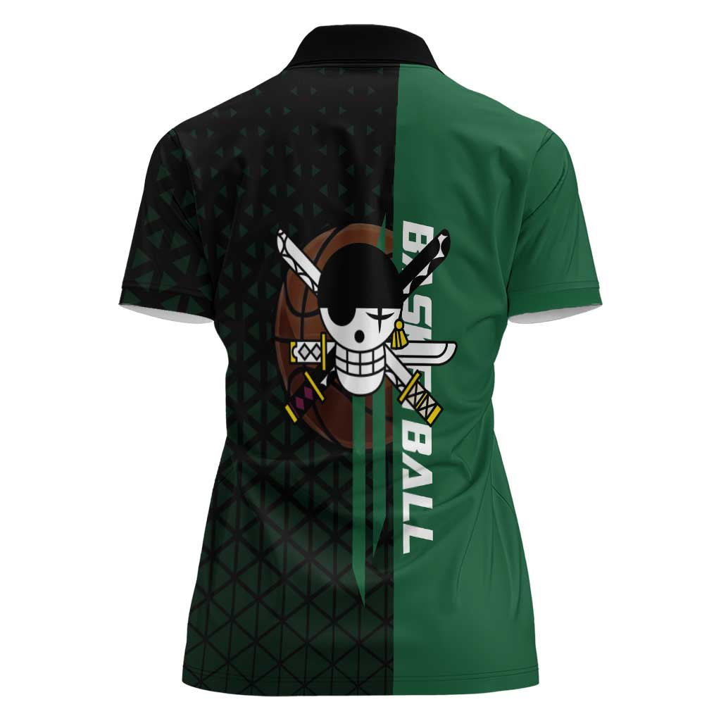 Zoro One Piece Basketball Theme Green and Black Design Women Polo Shirt with Swordsman Logo and Action Dribble Pose - The Mazicc