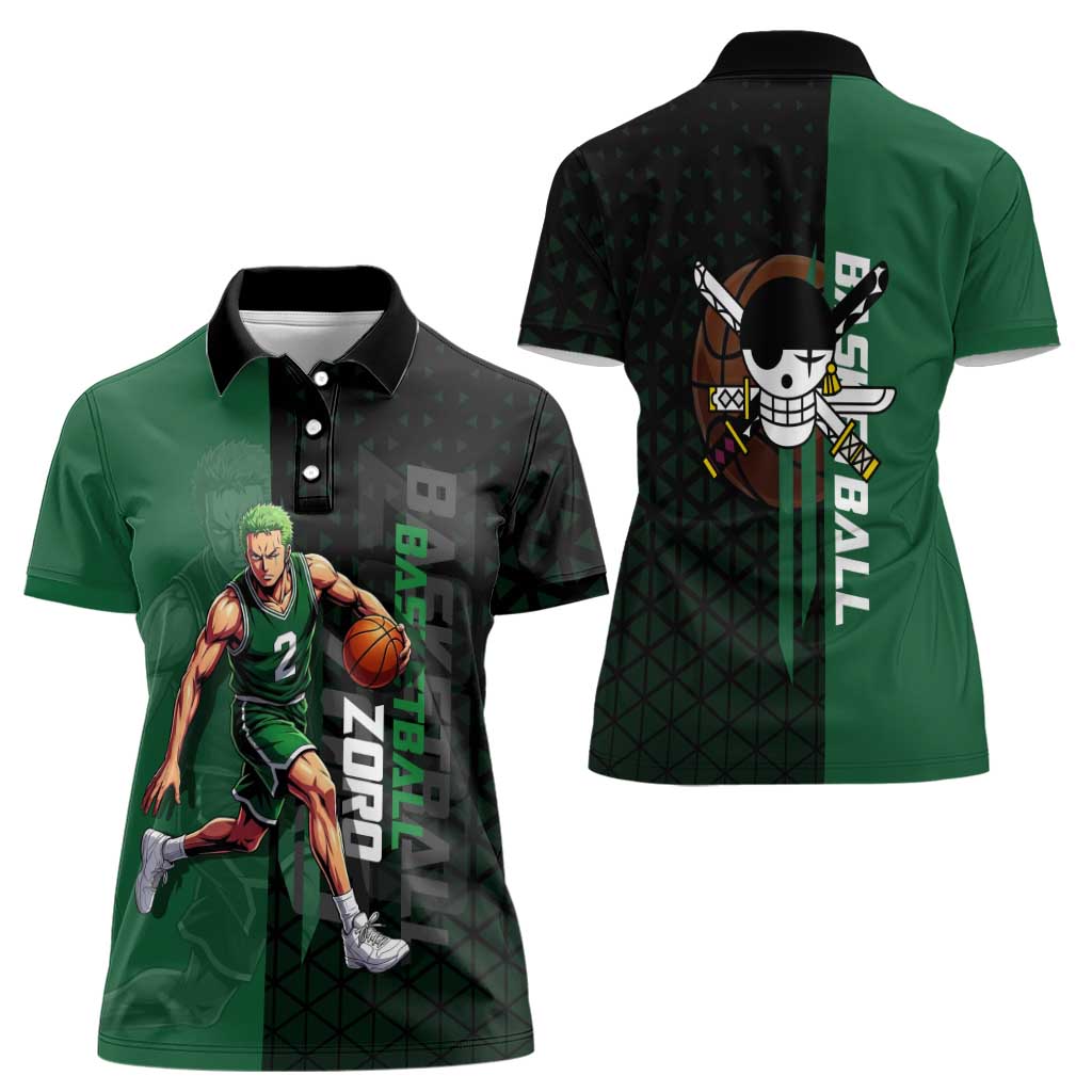 Zoro One Piece Basketball Theme Green and Black Design Women Polo Shirt with Swordsman Logo and Action Dribble Pose - The Mazicc