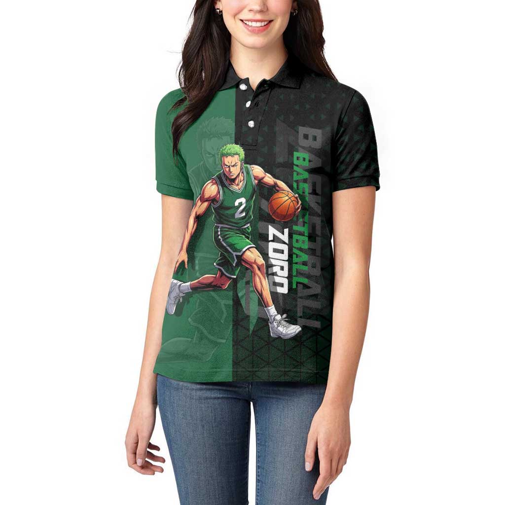 Zoro One Piece Basketball Theme Green and Black Design Women Polo Shirt with Swordsman Logo and Action Dribble Pose - The Mazicc