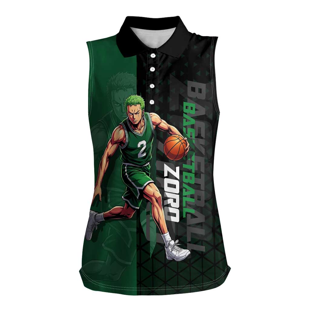 Zoro One Piece Basketball Theme Green and Black Design Women Sleeveless Polo Shirt with Swordsman Logo and Action Dribble Pose - The Mazicc