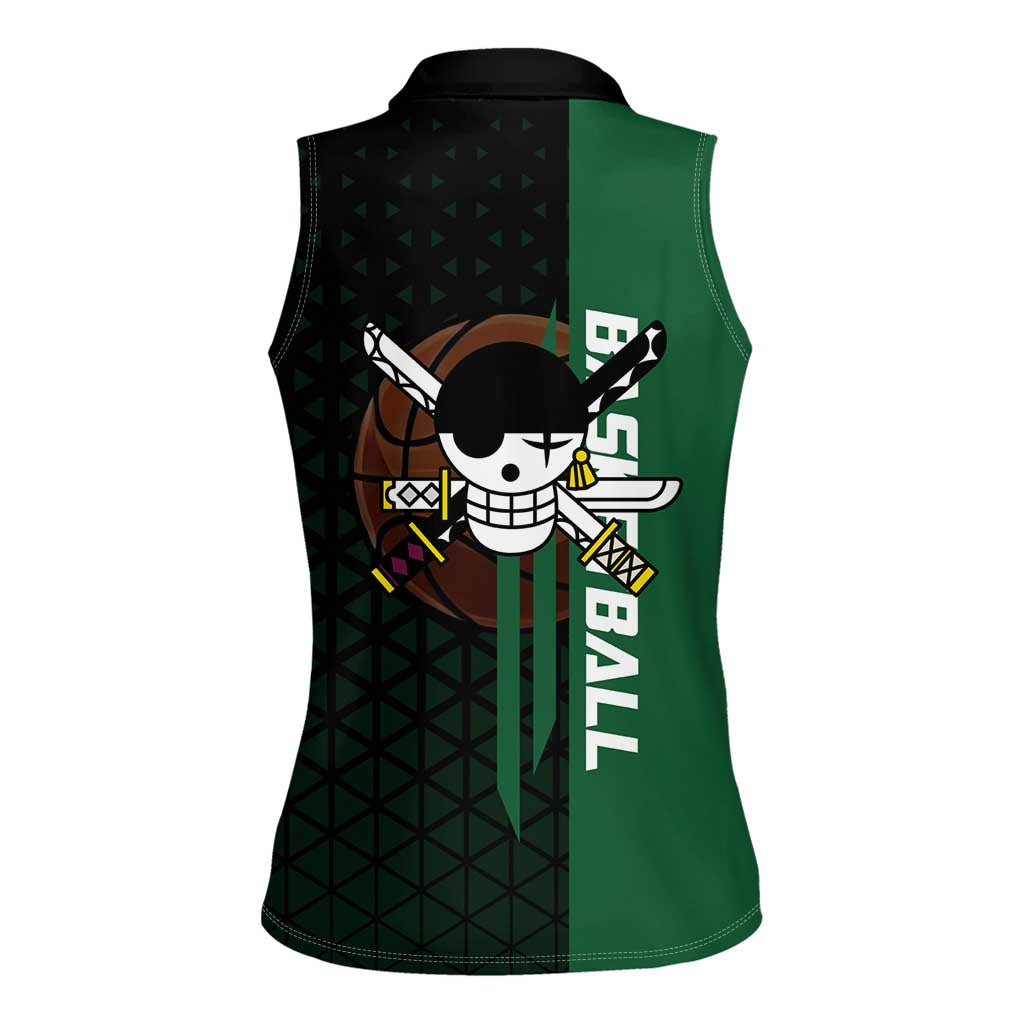 Zoro One Piece Basketball Theme Green and Black Design Women Sleeveless Polo Shirt with Swordsman Logo and Action Dribble Pose - The Mazicc