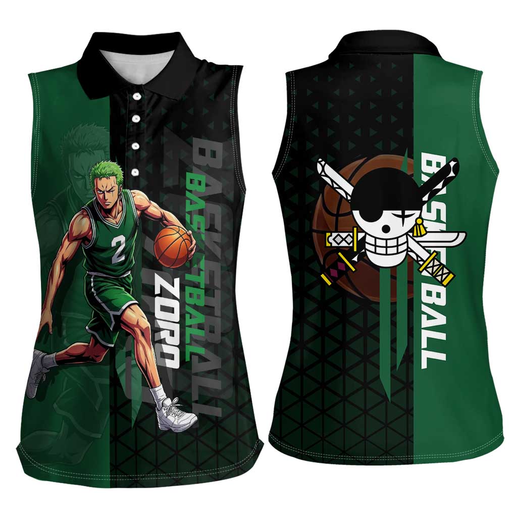 Zoro One Piece Basketball Theme Green and Black Design Women Sleeveless Polo Shirt with Swordsman Logo and Action Dribble Pose - The Mazicc