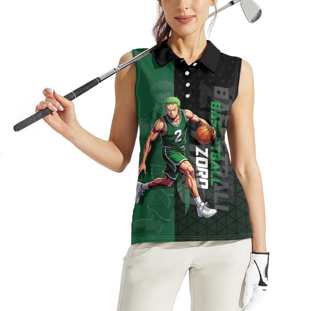 Zoro One Piece Basketball Theme Green and Black Design Women Sleeveless Polo Shirt with Swordsman Logo and Action Dribble Pose - The Mazicc