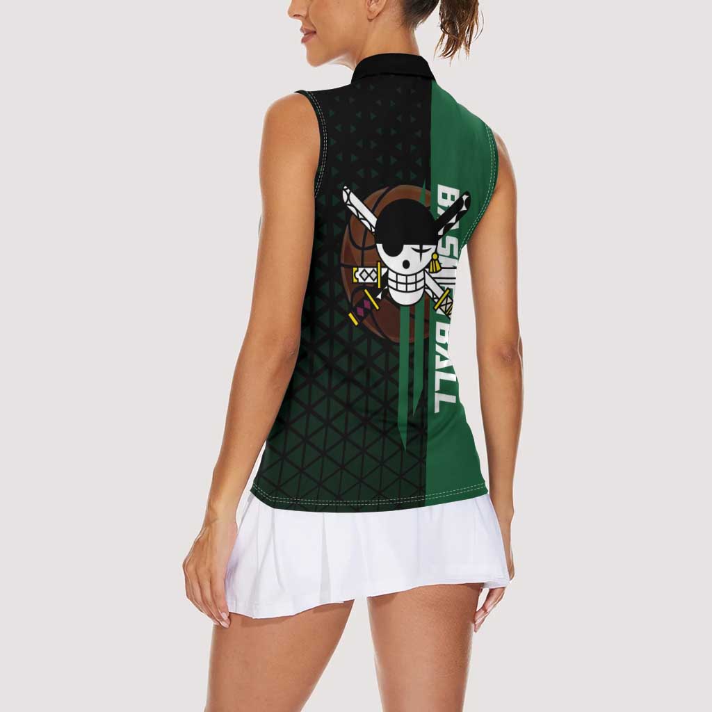 Zoro One Piece Basketball Theme Green and Black Design Women Sleeveless Polo Shirt with Swordsman Logo and Action Dribble Pose - The Mazicc