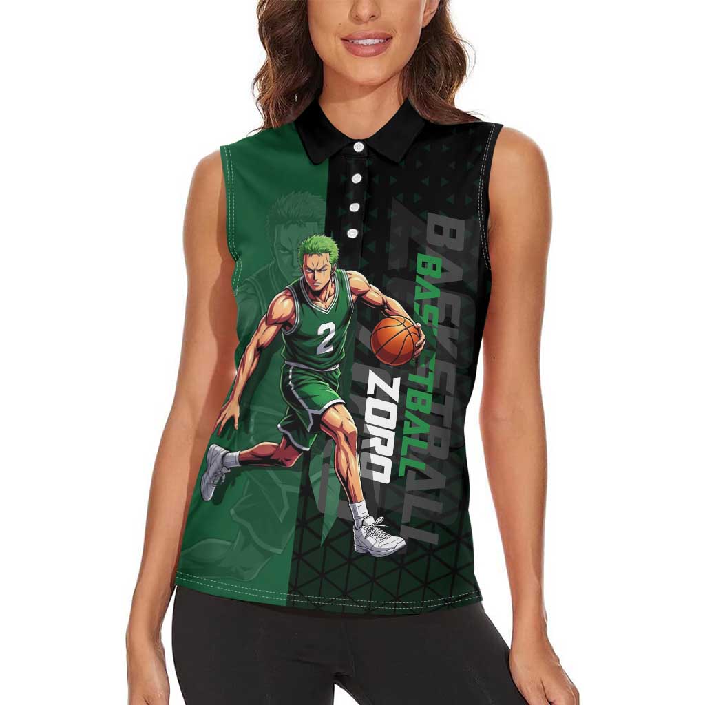 Zoro One Piece Basketball Theme Green and Black Design Women Sleeveless Polo Shirt with Swordsman Logo and Action Dribble Pose - The Mazicc