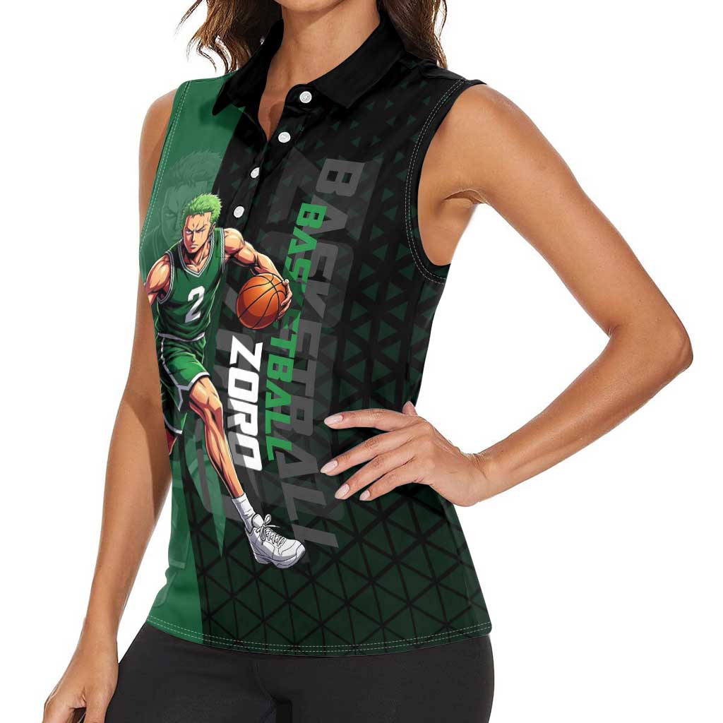 Zoro One Piece Basketball Theme Green and Black Design Women Sleeveless Polo Shirt with Swordsman Logo and Action Dribble Pose - The Mazicc