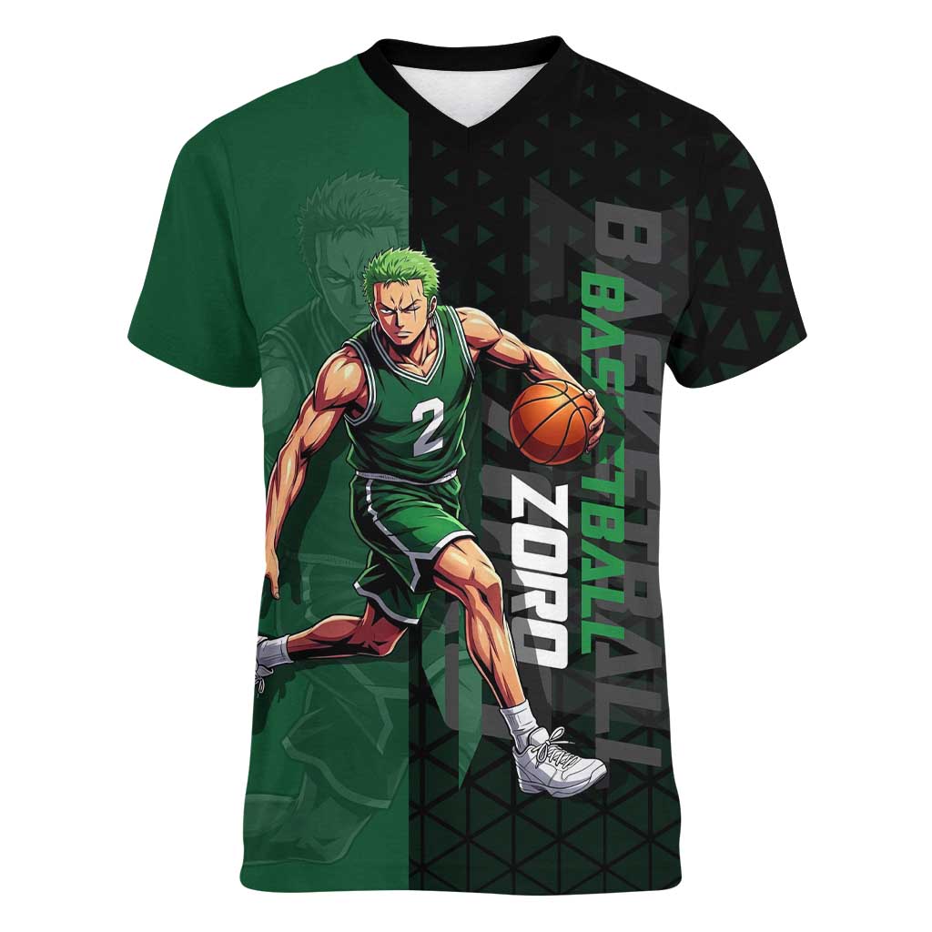 Zoro One Piece Basketball Theme Green and Black Design Women V-Neck T-Shirt with Swordsman Logo and Action Dribble Pose - The Mazicc