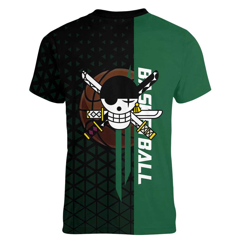 Zoro One Piece Basketball Theme Green and Black Design Women V-Neck T-Shirt with Swordsman Logo and Action Dribble Pose - The Mazicc